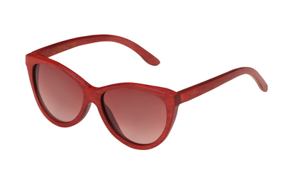 Diagonal side view of red bamboo sunglasses with amber lenses.