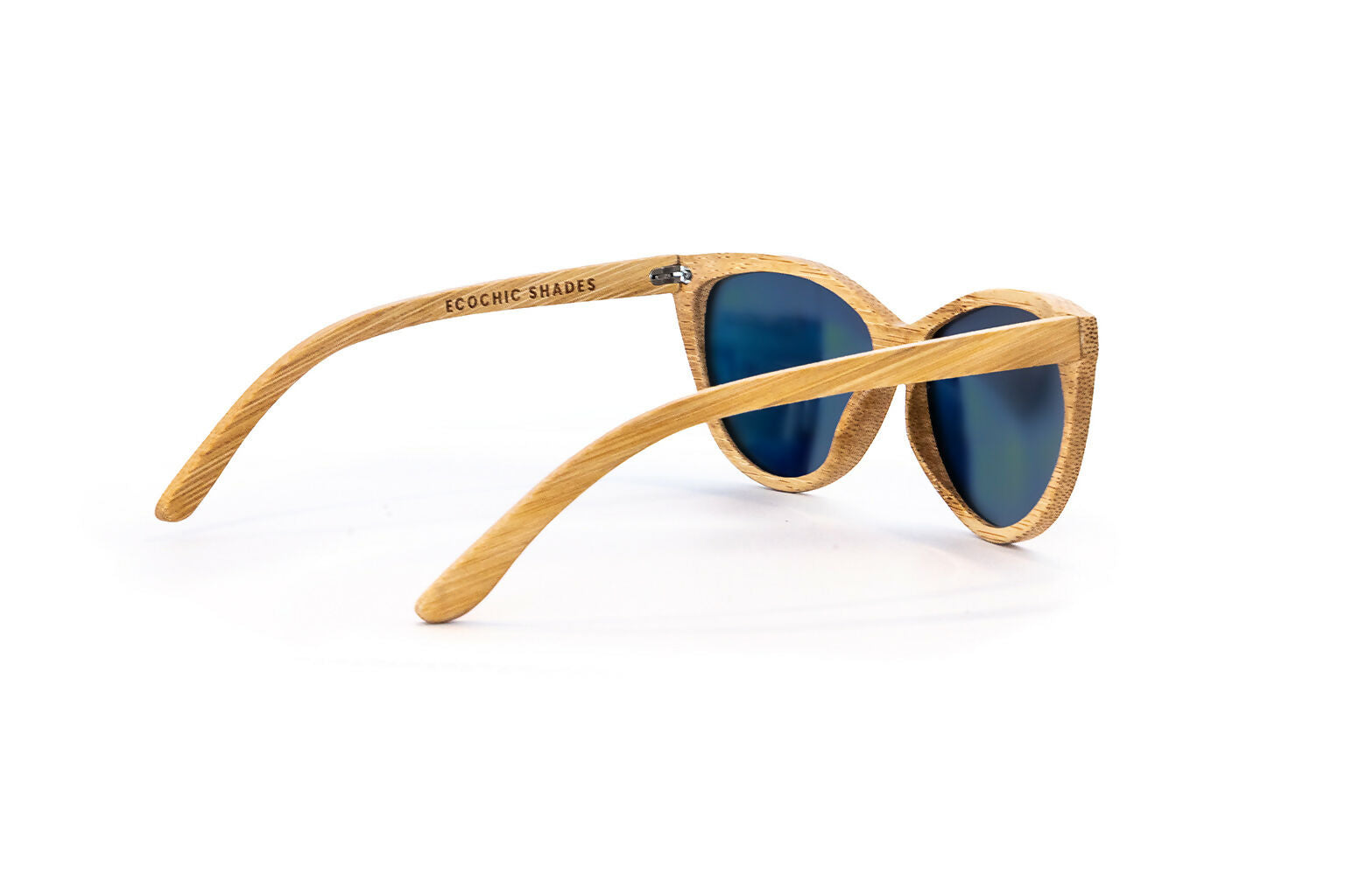 Back diagonal view of natural colored bamboo sunglasses with rose gold mirrored lenses.