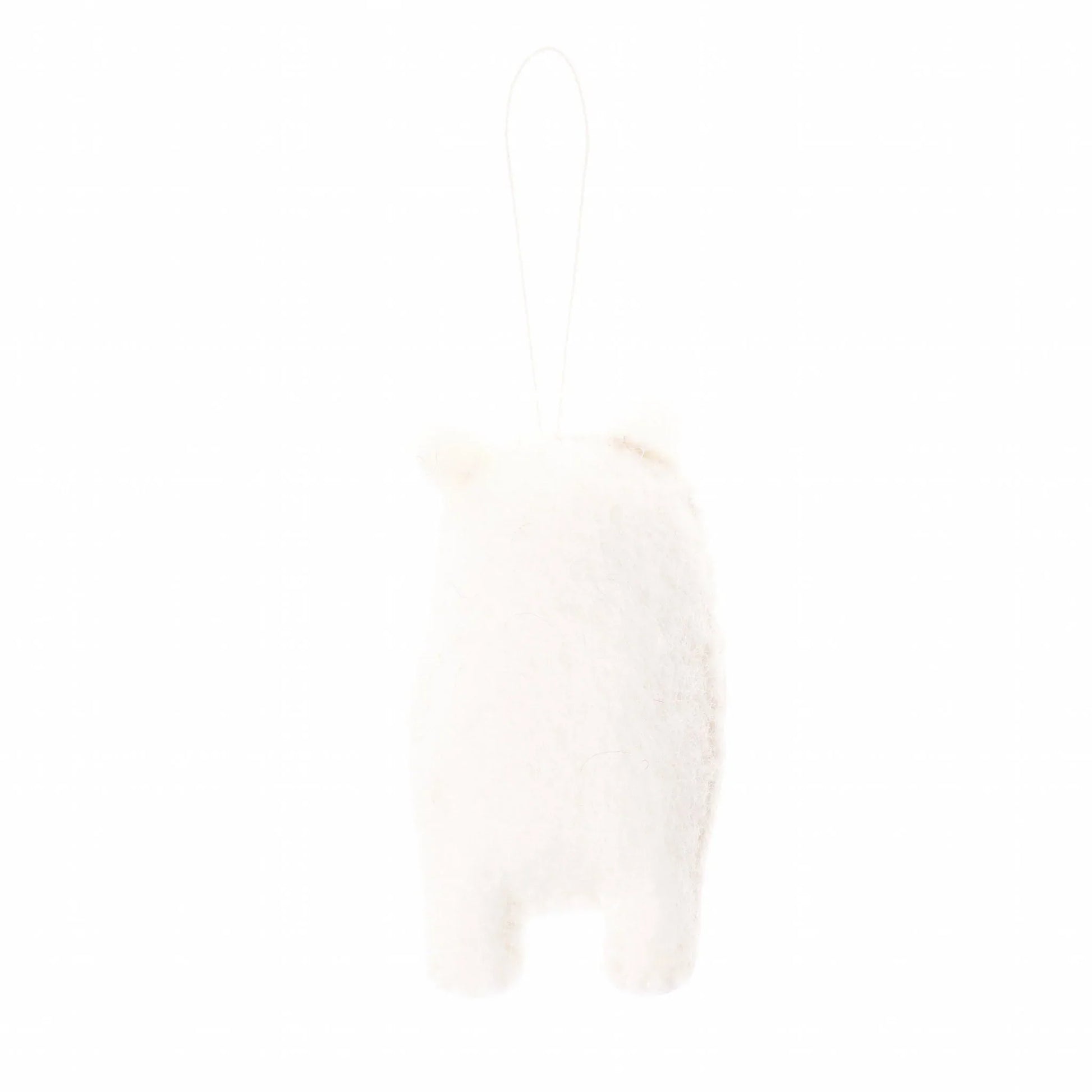 Back view of a felted wool ornament of a polar bear.