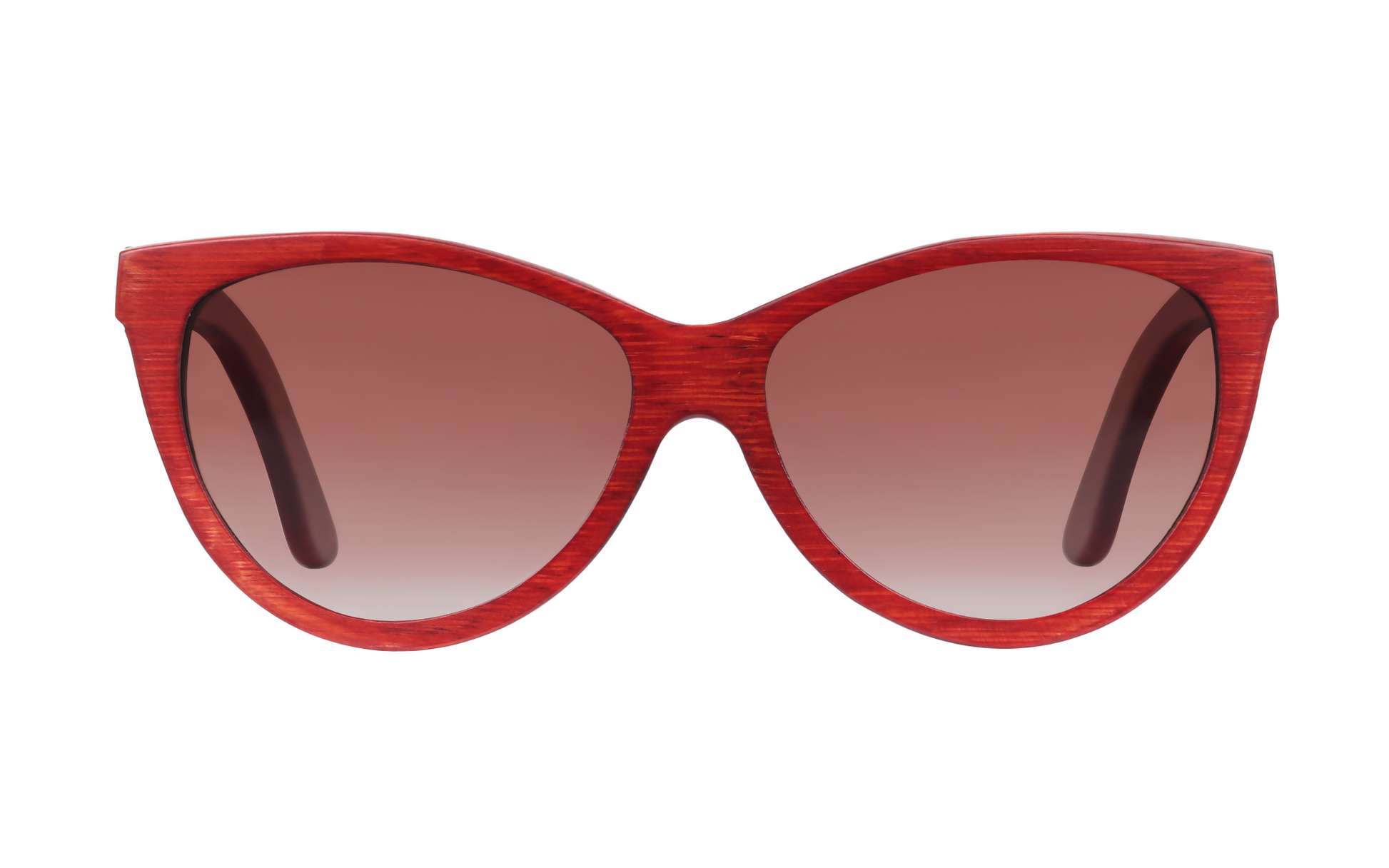 Front view of red bamboo sunglasses with amber lenses.