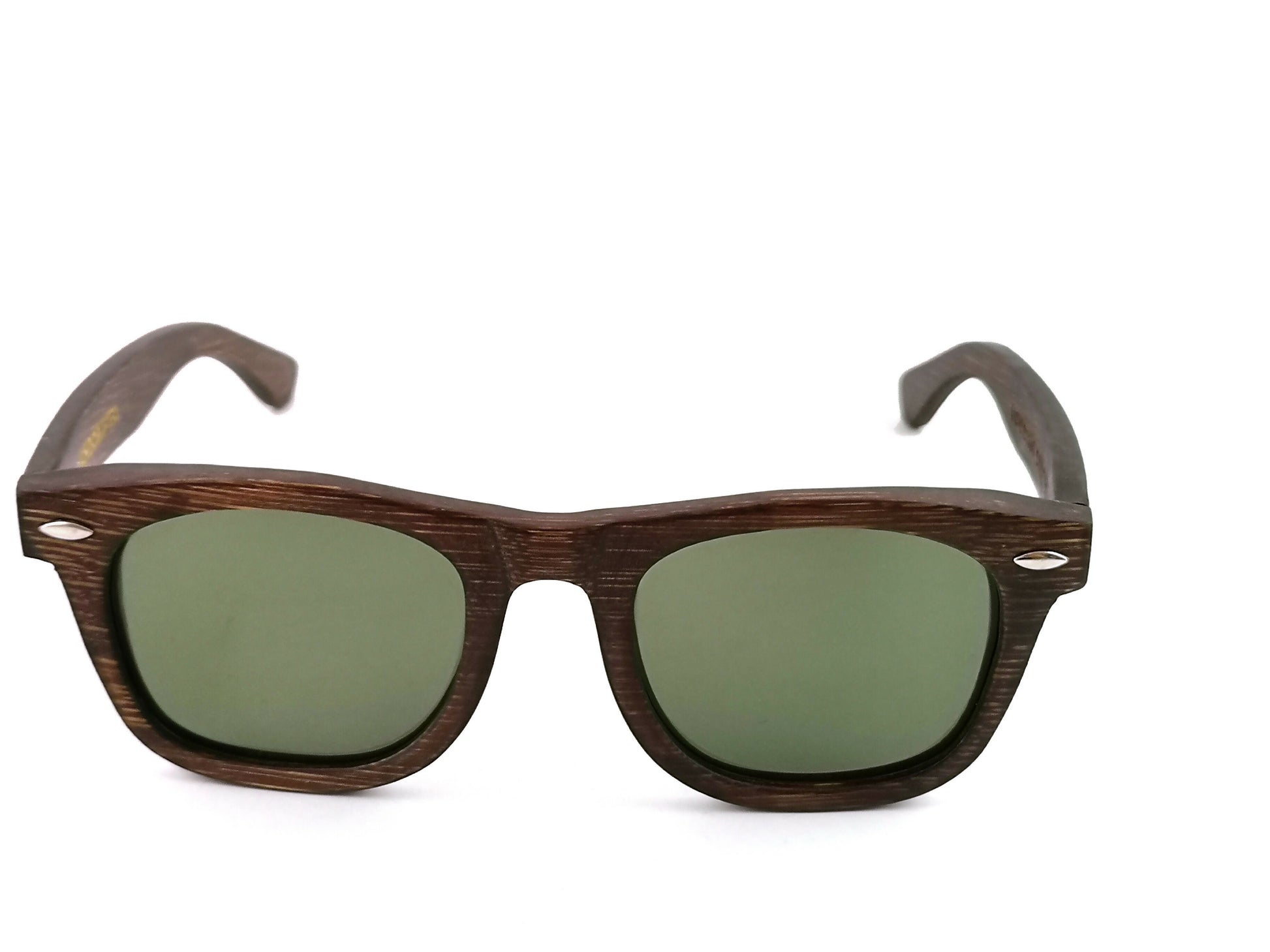 Bamboo wayfarer style sunglasses with brown frames and grey lenses.