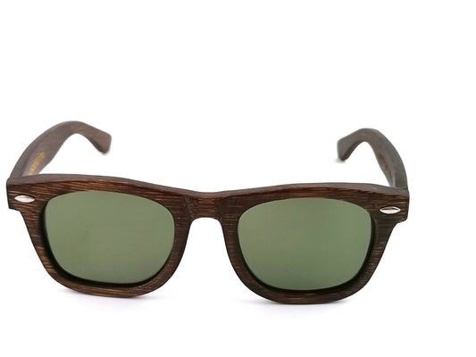 Bamboo wayfarer style sunglasses with brown frames and grey lenses.