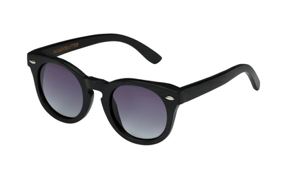 Diagonal view of black bamboo sunglasses with round gradient tinted lenses.