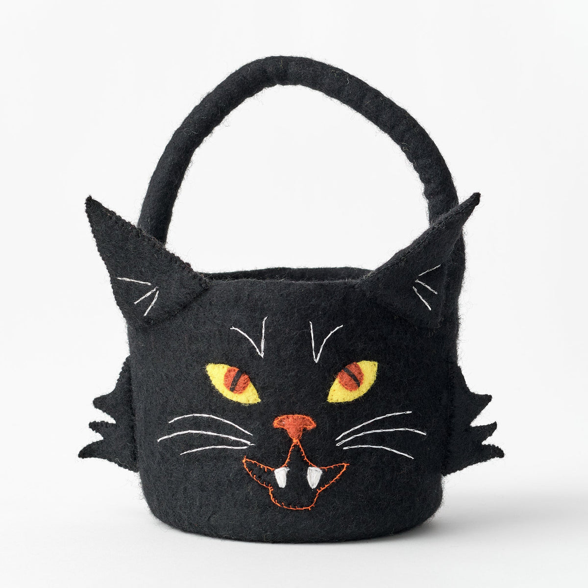 Handmade, fair trade, felt Black cat-shaped Halloween basket with embroidered face on a white background | Global Goods Partners