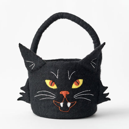Handmade, fair trade, felt Black cat-shaped Halloween basket with embroidered face on a white background | Global Goods Partners