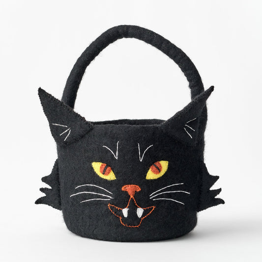 Handmade, fair trade, felt Black cat-shaped Halloween basket with embroidered face on a white background | Global Goods Partners