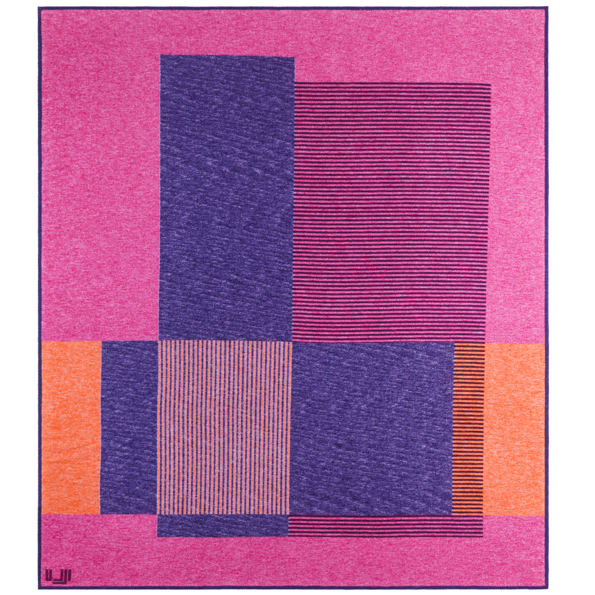 Blanket in bright purple, pink, and orange asymmetrical designs, with pink background.