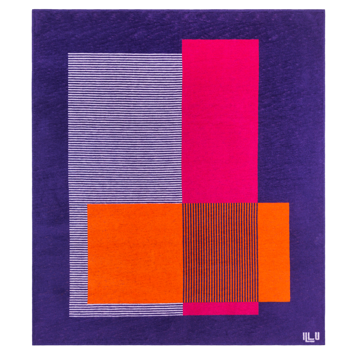 Blanket in bright purple, pink, and orange asymmetrical designs with purple background.