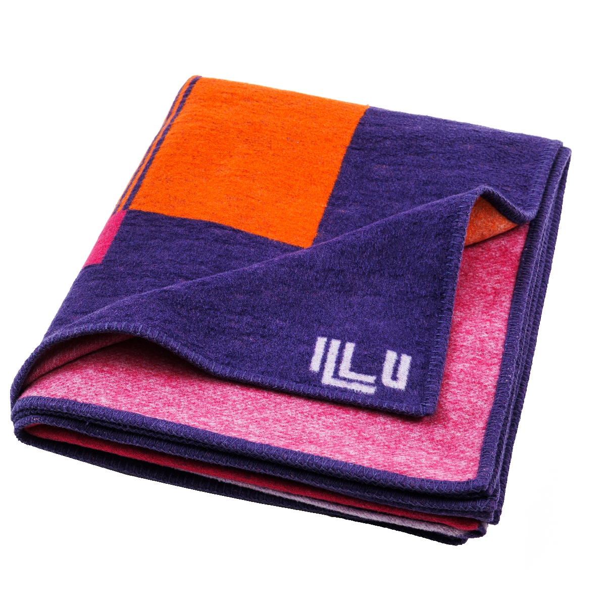 Blanket in bright purple, pink, and orange asymmetrical designs, folded into a square.