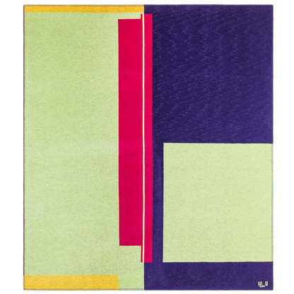 Blanket in bright purple, green, pink, and orange asymmetrical designs.