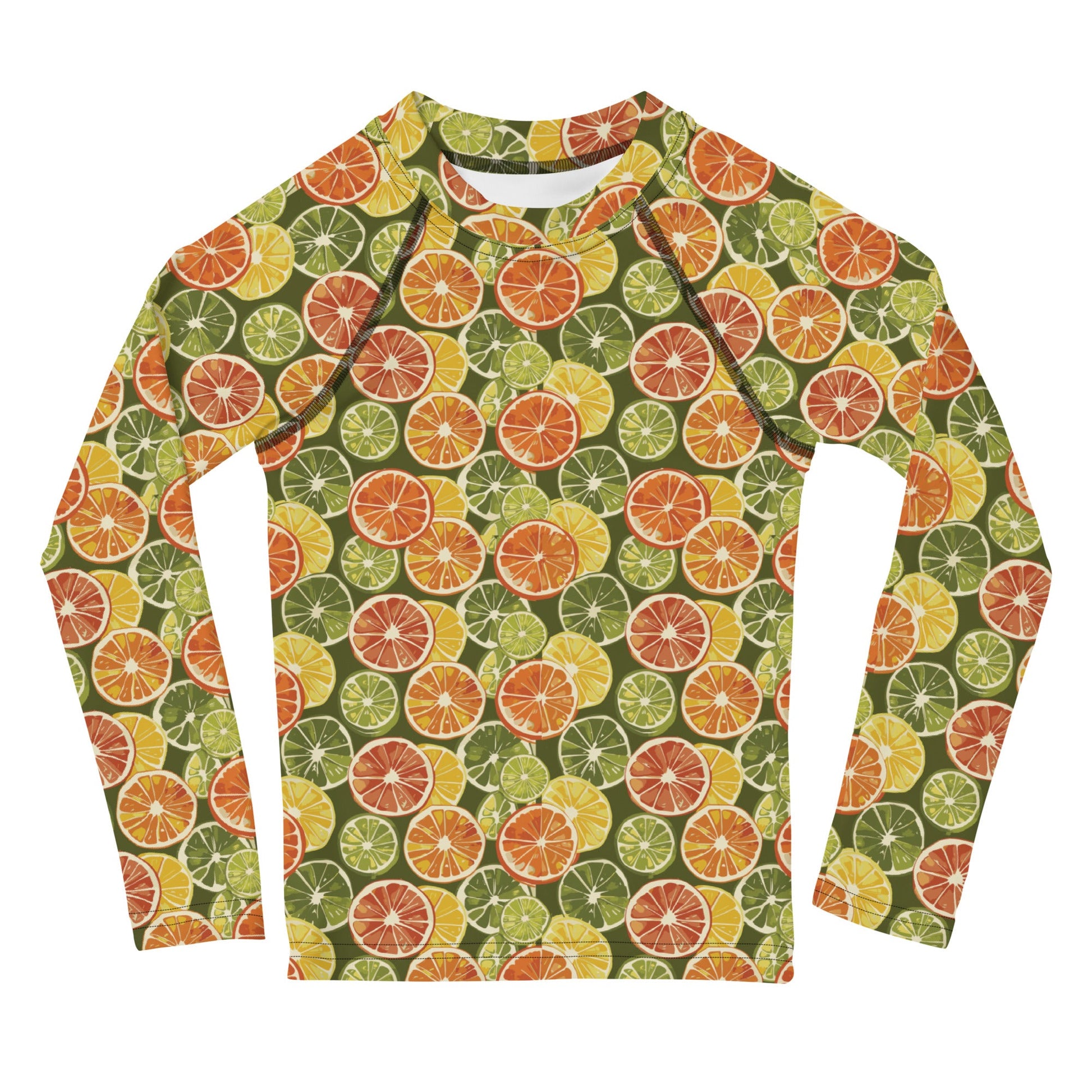 A vibrant citrus-themed rash guard for kids, featuring oranges and green leaves on a white background, shown from the front.