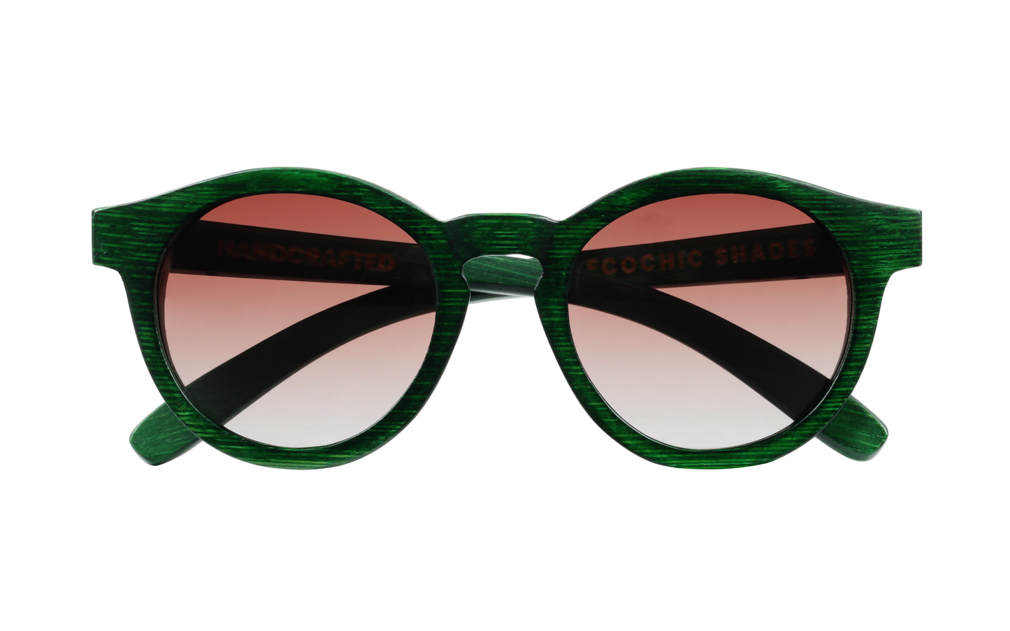 Front view of forest green natural bamboo sunglasses with gradient circular tinted lenses.