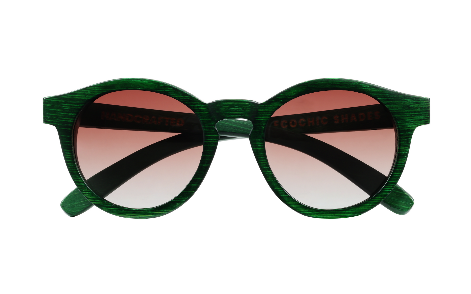 Front view of forest green natural bamboo sunglasses with gradient circular tinted lenses.