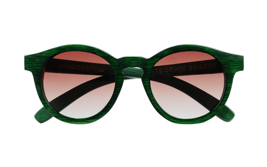 Front view of forest green natural bamboo sunglasses with gradient circular tinted lenses.