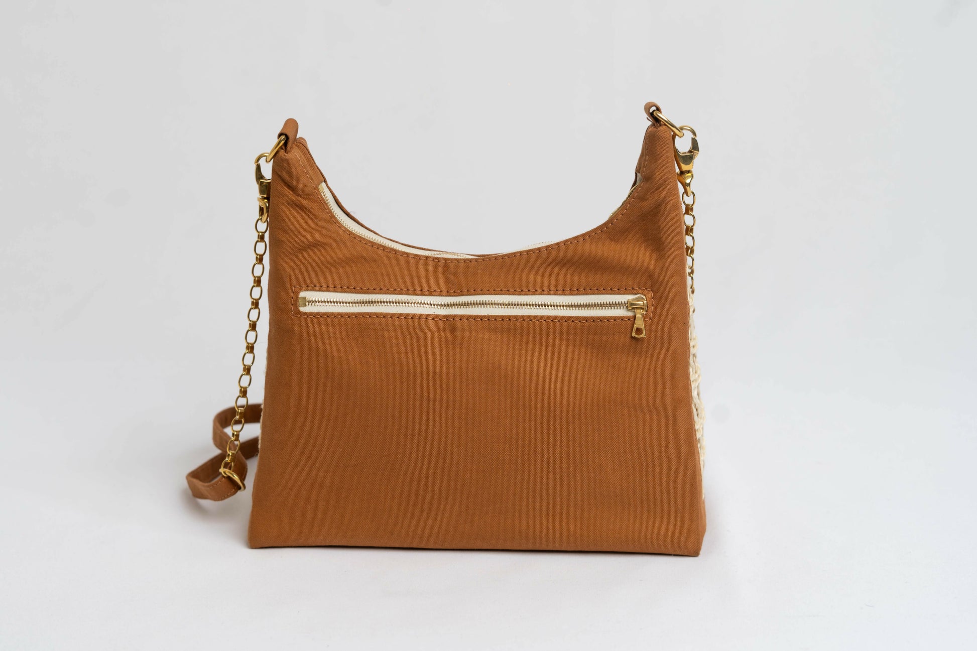 Back view of Brown leather handbag with zippered pockets.