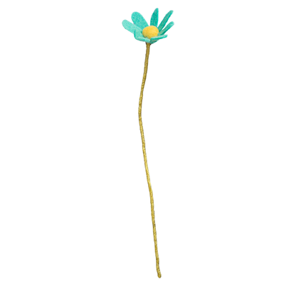 Felt blue daisy flower with a long stem on a white background, handmade.