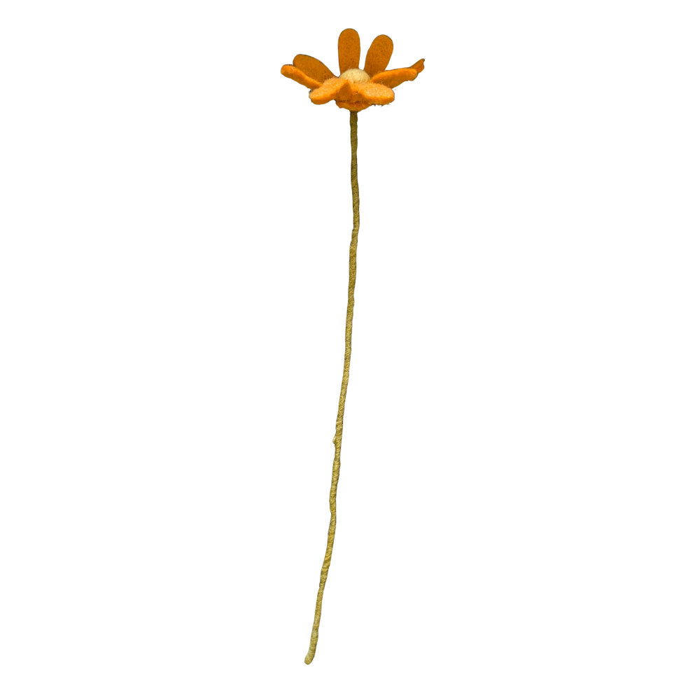Single orange daisy fair trade felt flower with a long stem on a white background | Global Goods Partners