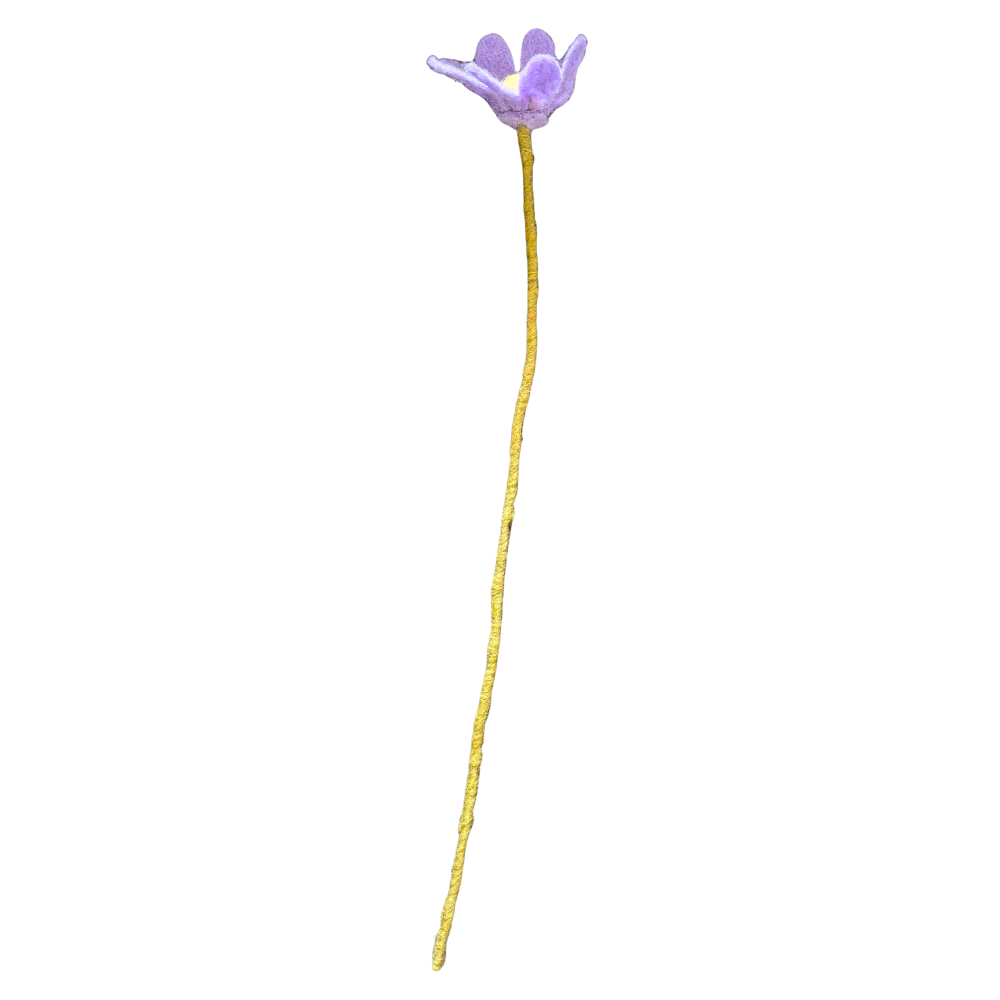 Purple felt flower with a long yellow stem on a white background, made by women artisans | Global Goods Partners