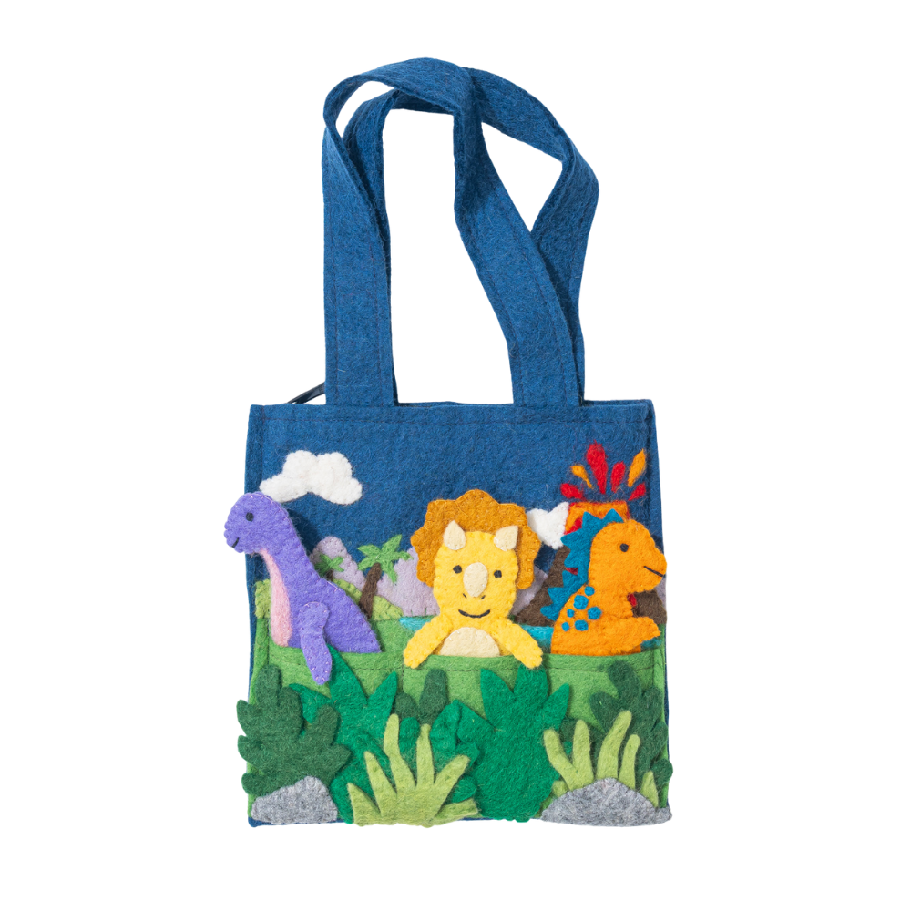 Felt handmade tote bag with colorful dinosaur puppets animal illustrations on a white background | Global Goods Partners