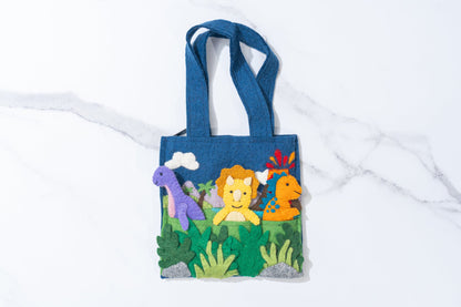 Fair trade felt children's tote bag with dinosaur puppets on a white background | Global Goods Partners