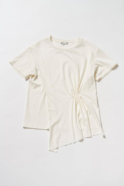 Front view of white t-shirt, left side slightly longer than left side, laying flat.