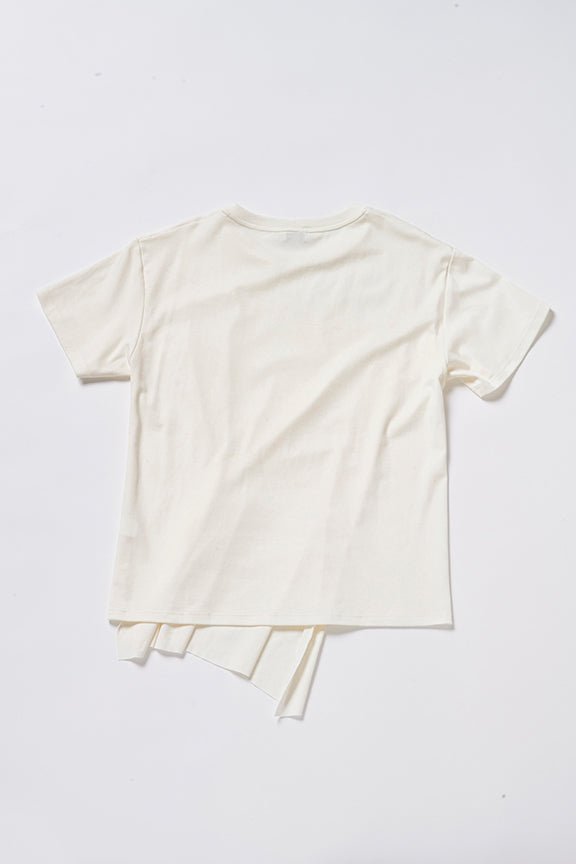 Back view of white t-shirt, left side slightly longer than left side, laying flat.