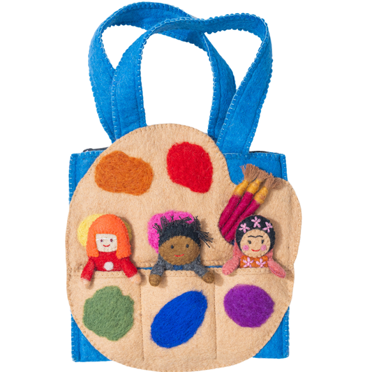 Colorful felt bag with three embroidered finger puppets of the artists Yayoi Kusama, Frida Kahlo, and Jean-Michel Basquiat on a white background. Handmade in Nepal | Global Goods Partners