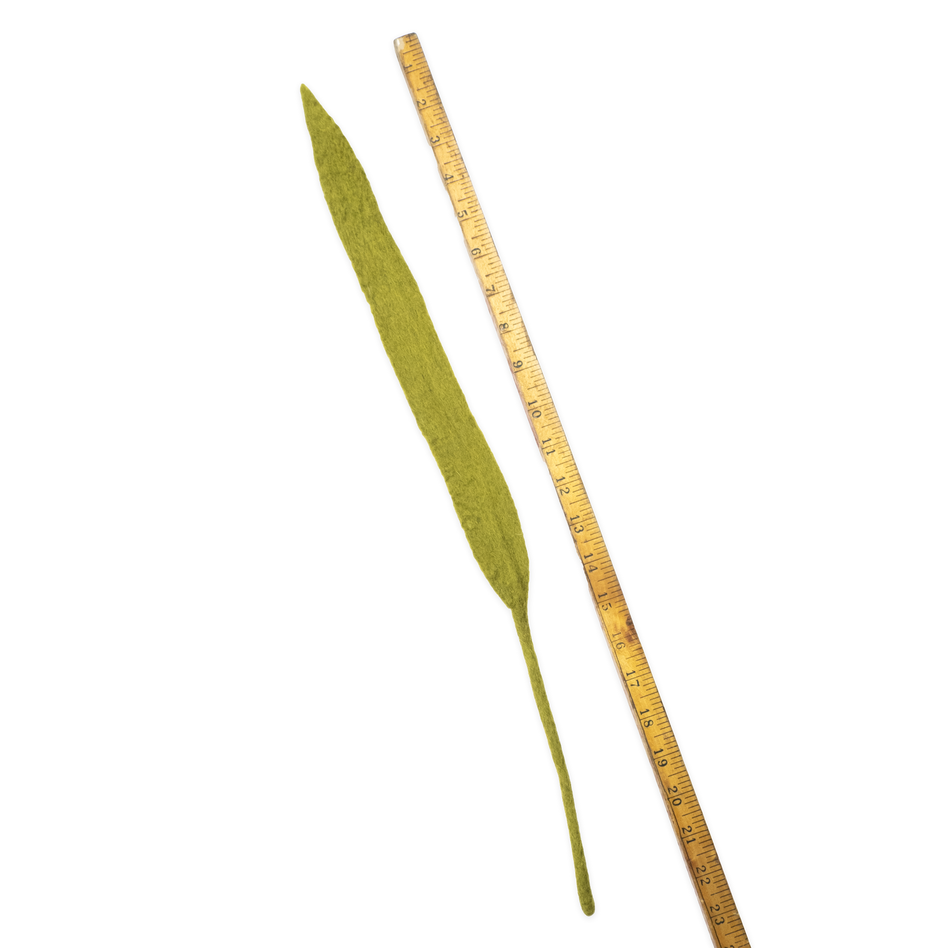 Fair trade felt green leaf next to a ruler on a white background | Global Goods Partners