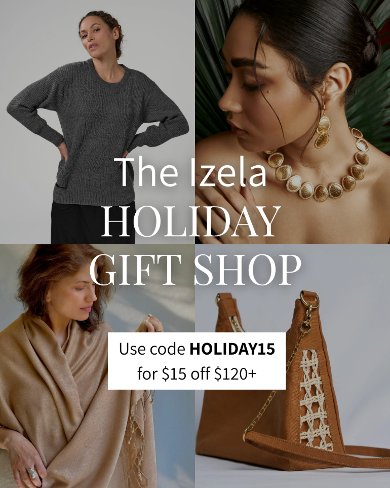 Collage of a grey sweater, gold disk earrings and necklace, tan pashmina, and a tan purse with metal chain. Word overlay of The Izela Holiday Gift Shop. Use code Holiday15 for $15 off orders over $120.