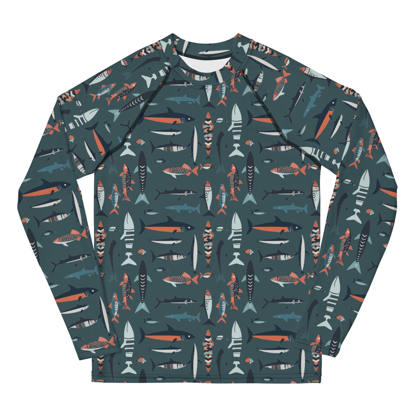 A colorful fish-print rash guard for kids, with bright aquatic designs on a sea-blue background, shown from the front.