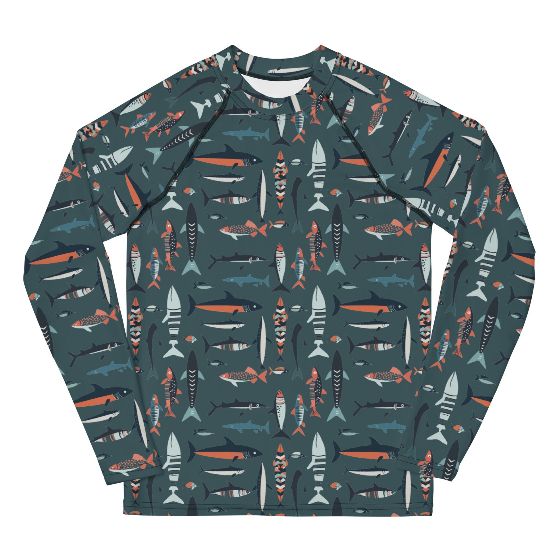 A colorful fish-print rash guard for kids, with bright aquatic designs on a sea-blue background, shown from the front.