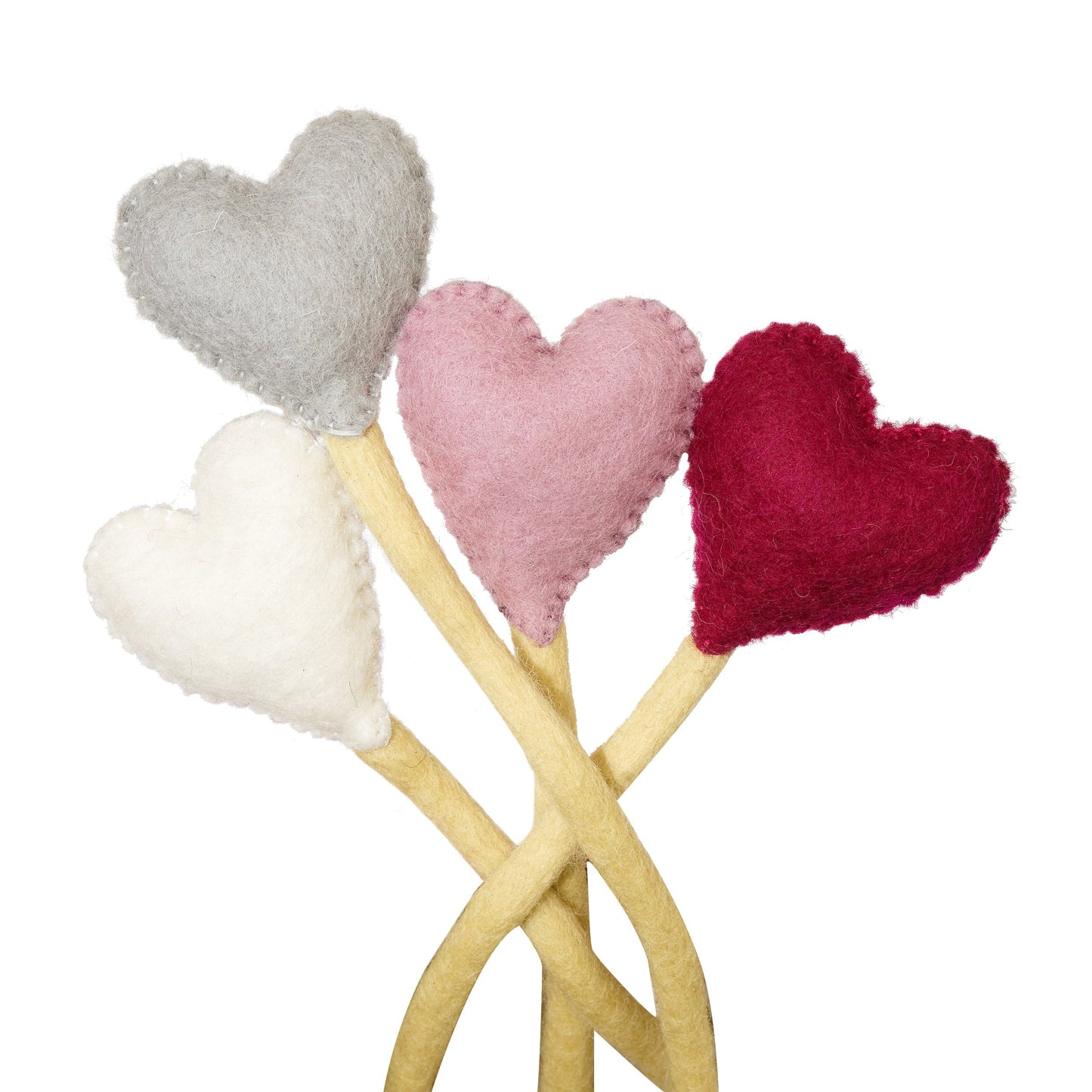 Felt heart accent stems in white, grey, pink, and red.