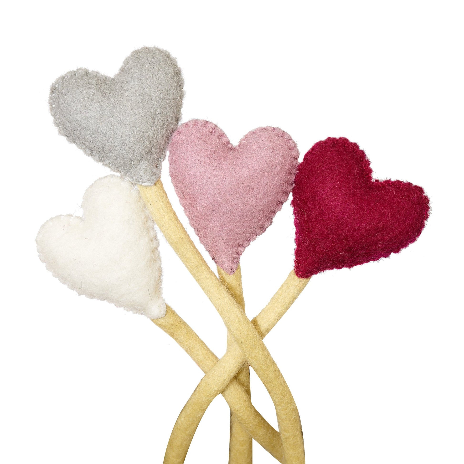 Felt heart accent stems in white, grey, pink, and red.