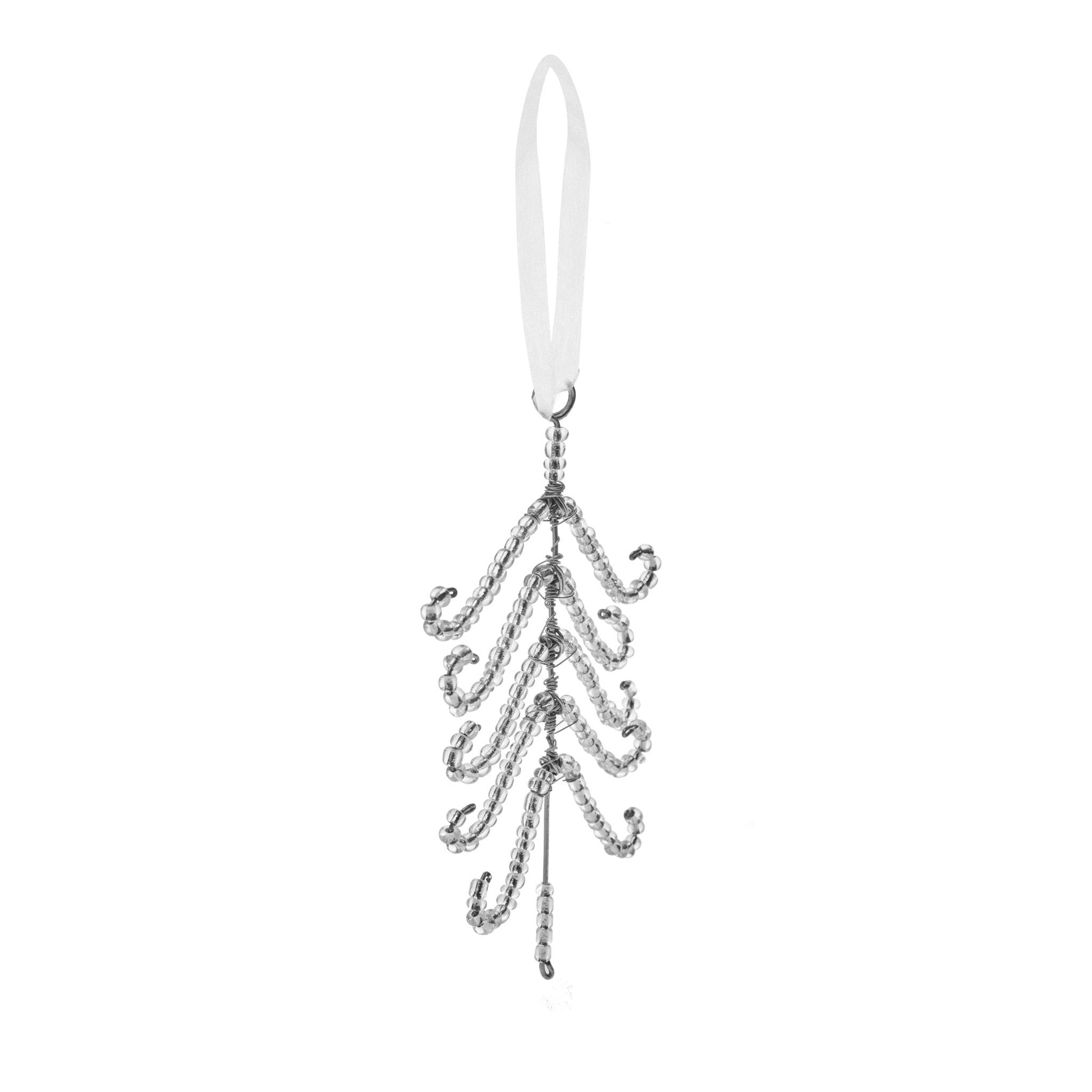 Whimsical beaded ornament with a ladder of beaded wire swirls hanging from a center wire,