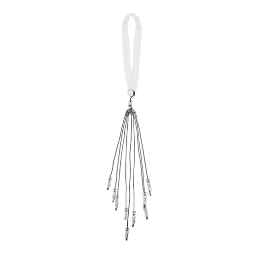 Ornament of hanging strands of silver beads.