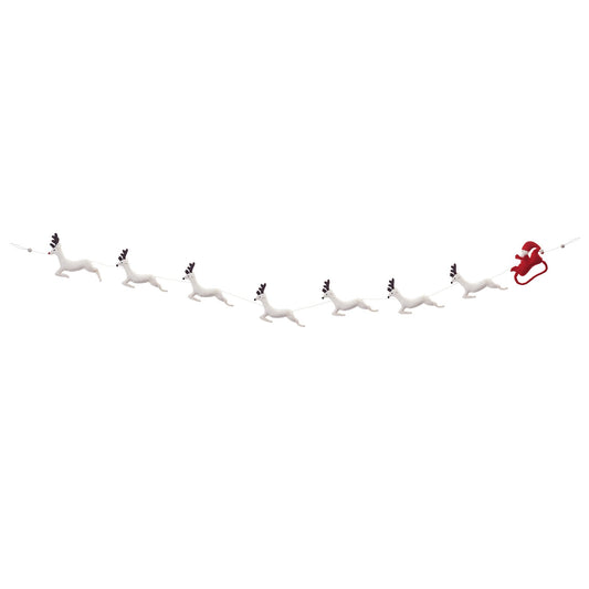 Felt garland red Santa and sleigh with white reindeer.