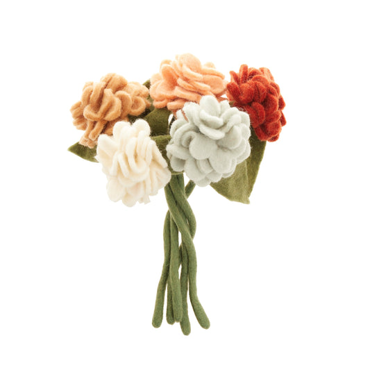 Bouquet of felt Geranium flowers in tan, pink, red, light blue, and white.