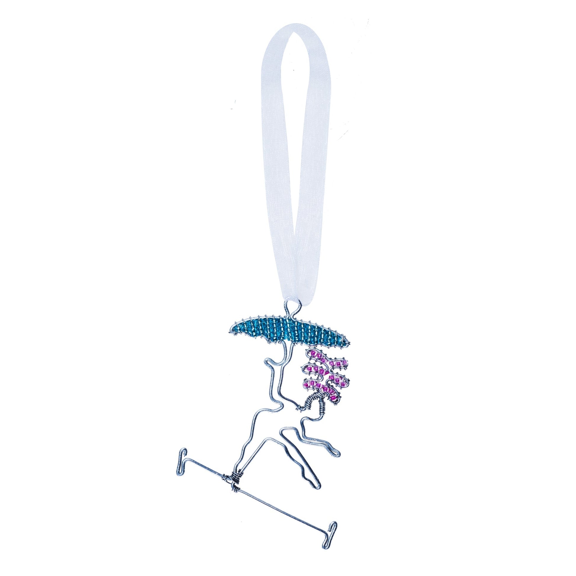Wire and bead ornament of a circus person balancing on a tightrope with purple items on head and a blue umbrella on their hand.