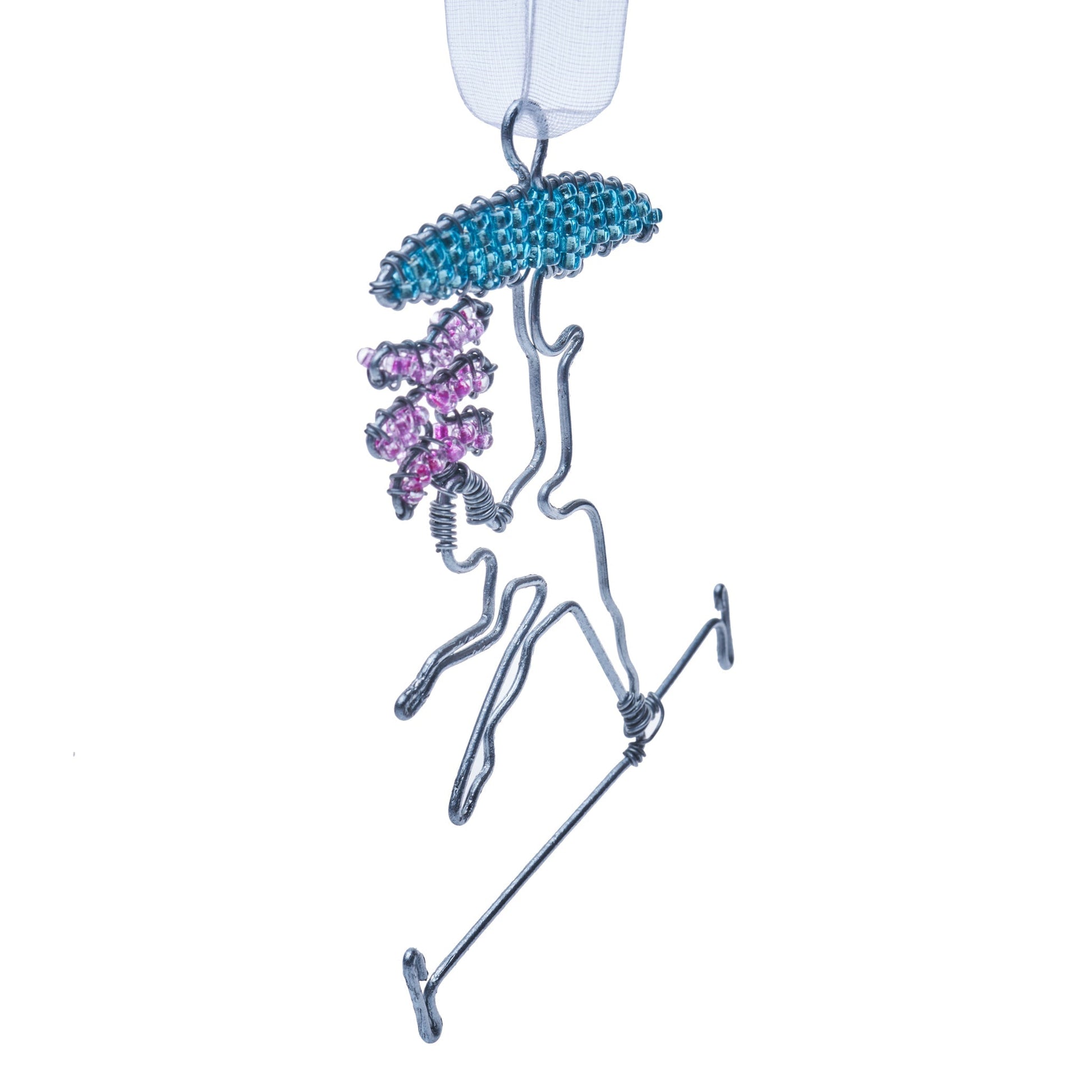 Wire and bead ornament of a circus person balancing on a tightrope with purple items on head and a blue umbrella on their hand.