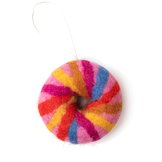 Felt ornament of a NYC rainbow bagel.