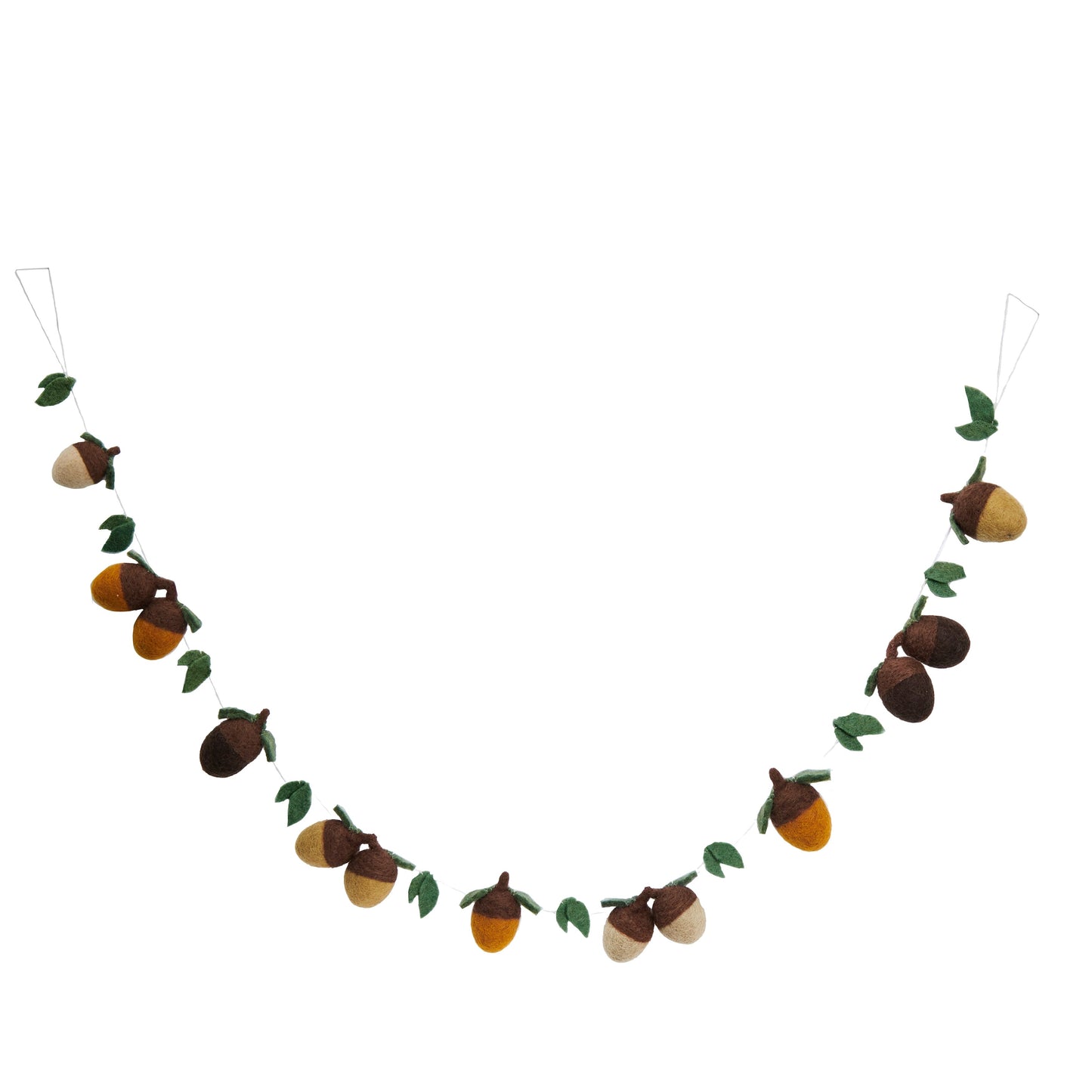 Felt garland of acorns that are different shades of brown with green leaves between them.
