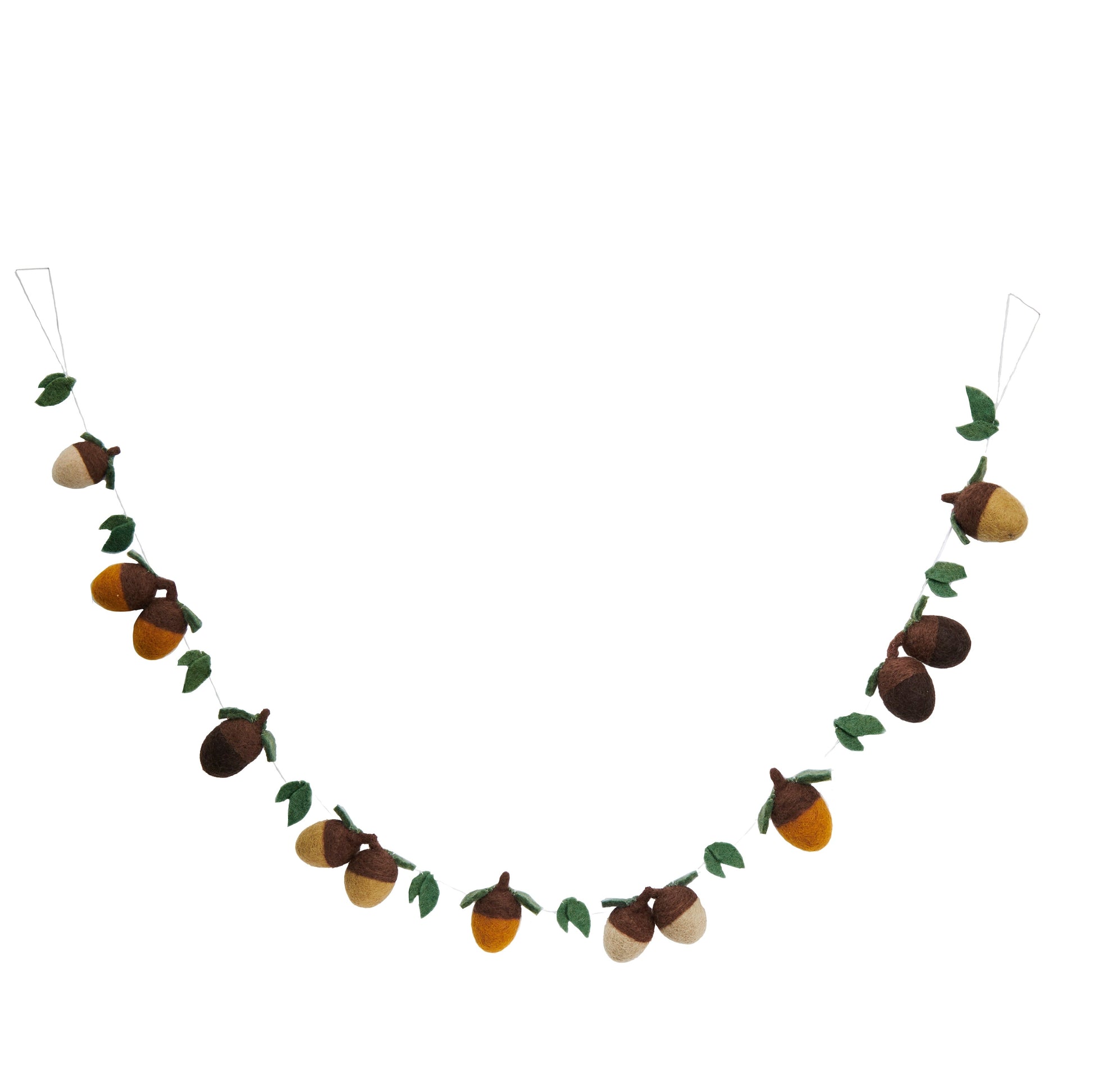 Felt garland of acorns that are different shades of brown with green leaves between them.
