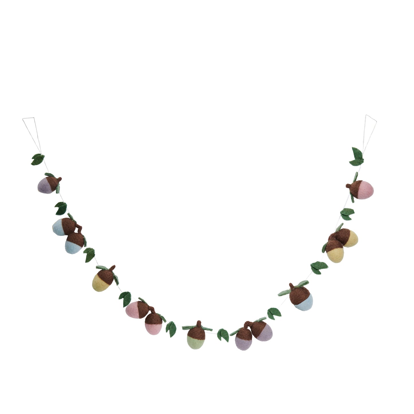 Felt garland of acorns that are pastel colors of purple, blue, yellow, pink, and green with green leaves between them.
