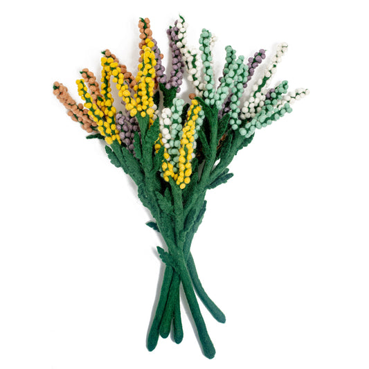 Bouquet of felt Baby's Breath flowers in peach, yellow, purple, white, and blue.