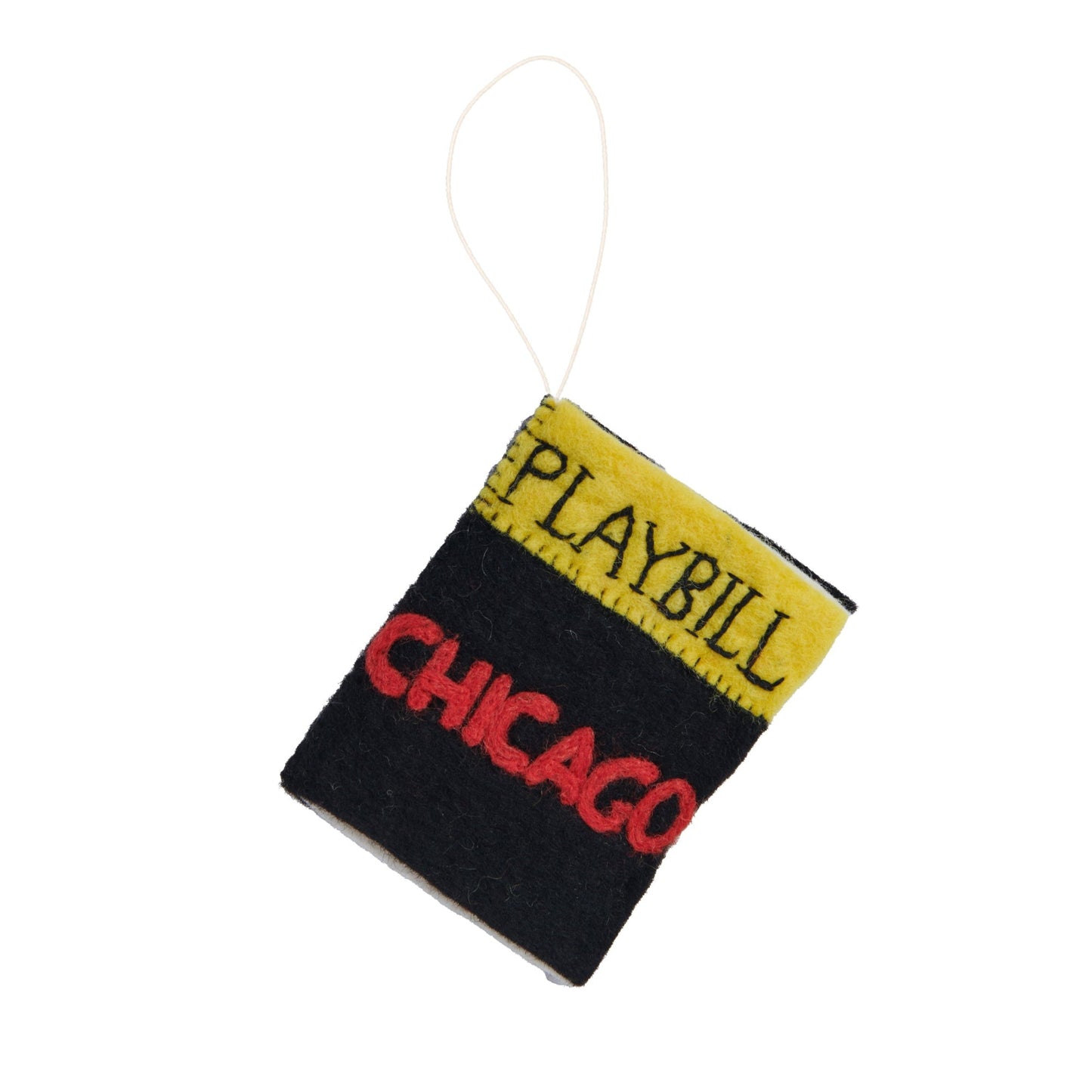 Felt ornament of a playbill for the Broadway play Chicago.