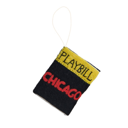 Felt ornament of a playbill for the Broadway play Chicago.