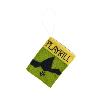 Felt ornament of a playbill for the Broadway play Wicked showing green with a witch hat.