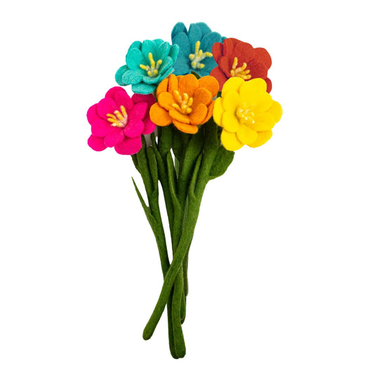 Bunch of felt Camellia flowers in pink, aqua, blue, red, yellow, and orange.