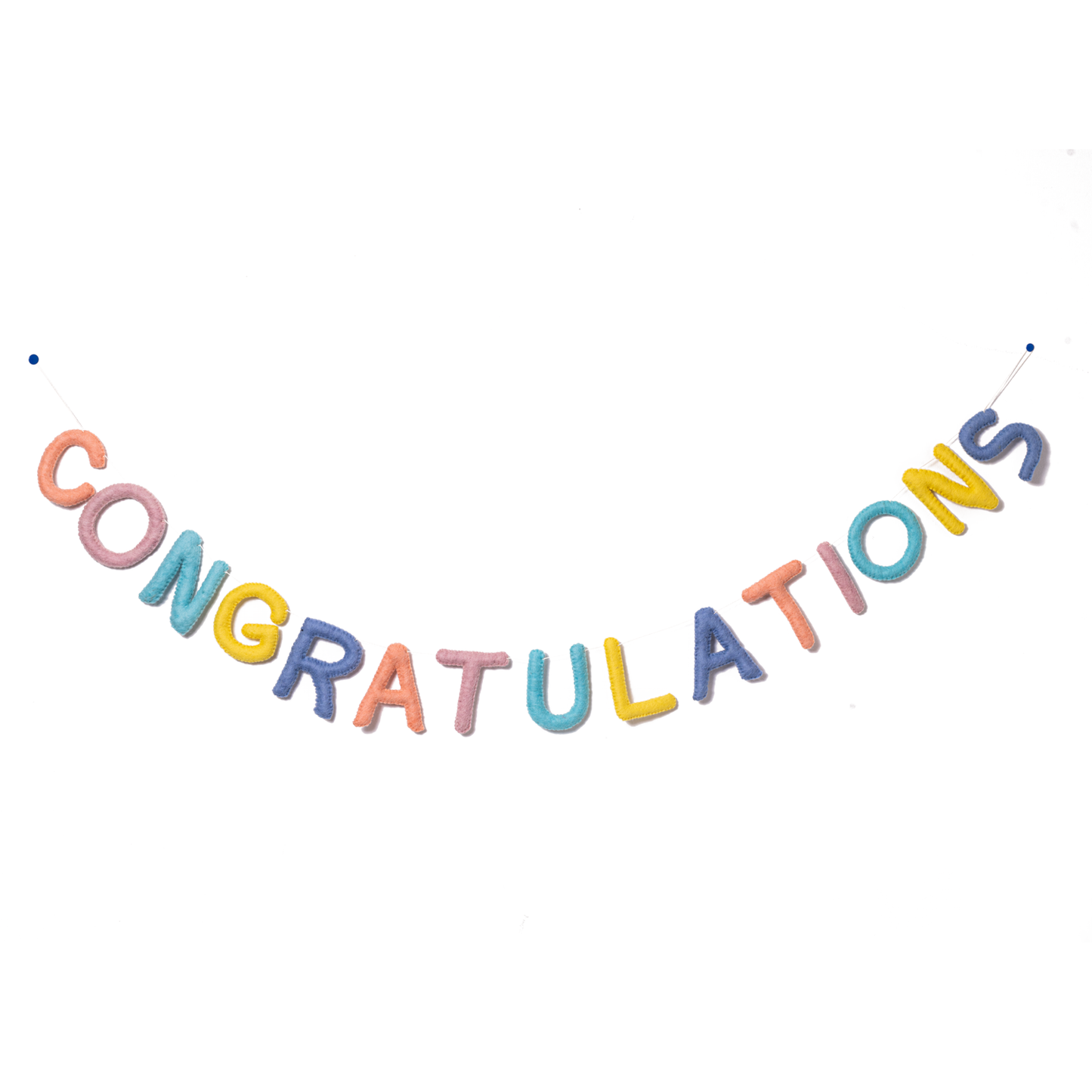 Felt garland spelling out Congratulations in pastel colors of peach, pink, teal, yellow, and blue.