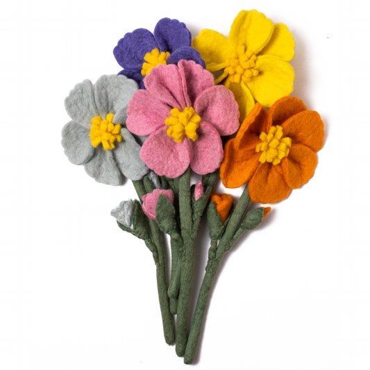 Bunch of felt Cosmo flowers in light blue, purple, yellow, orange, and pink.